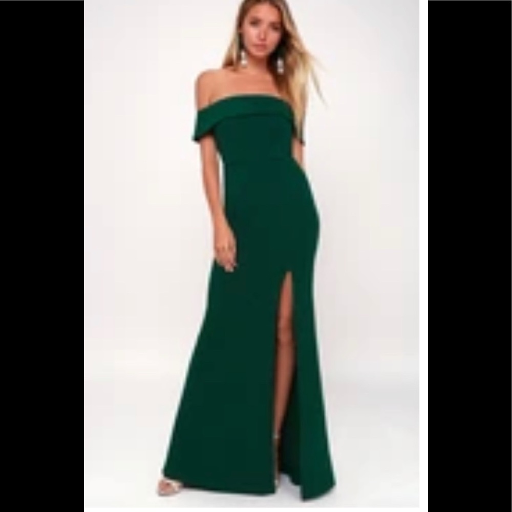 NWT-Lulus- Aveline Forest Green- Off the Shoulder Maxi dress- Size S